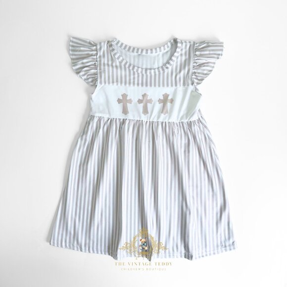 NWT Pretty Girls Short Sleeve Dress Christian Cross & Stripes Taupe & White 3T - Picture 1 of 2